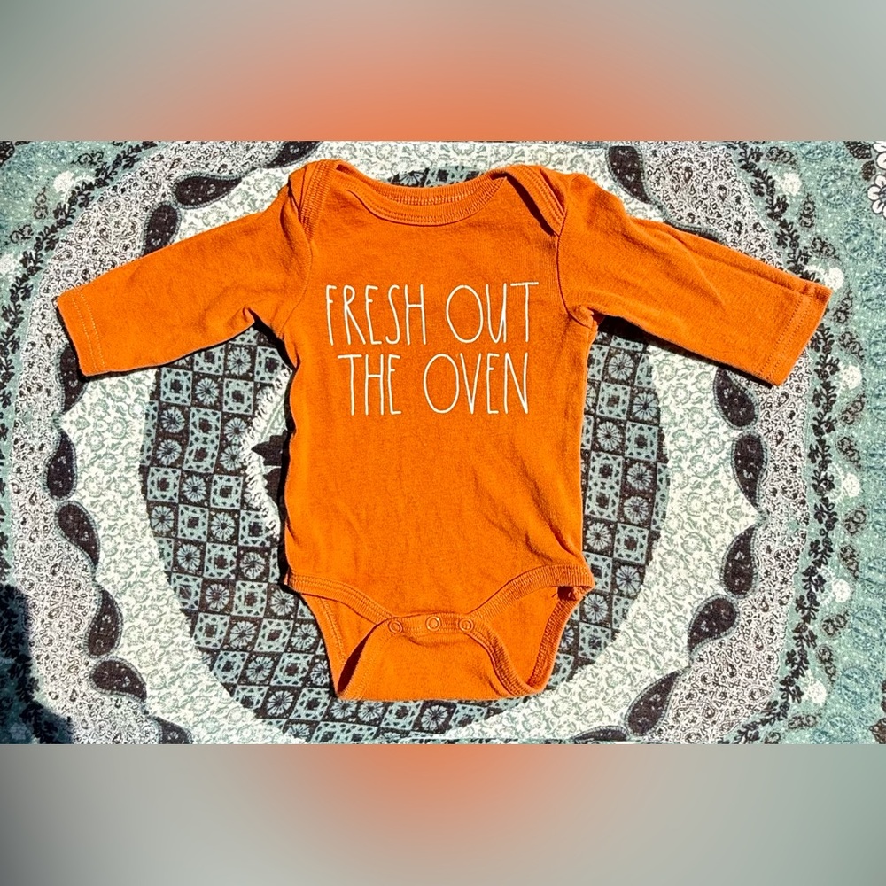 Rae Dunn Orange Baby Bodysuit - Fresh Out the Oven. Size newborn